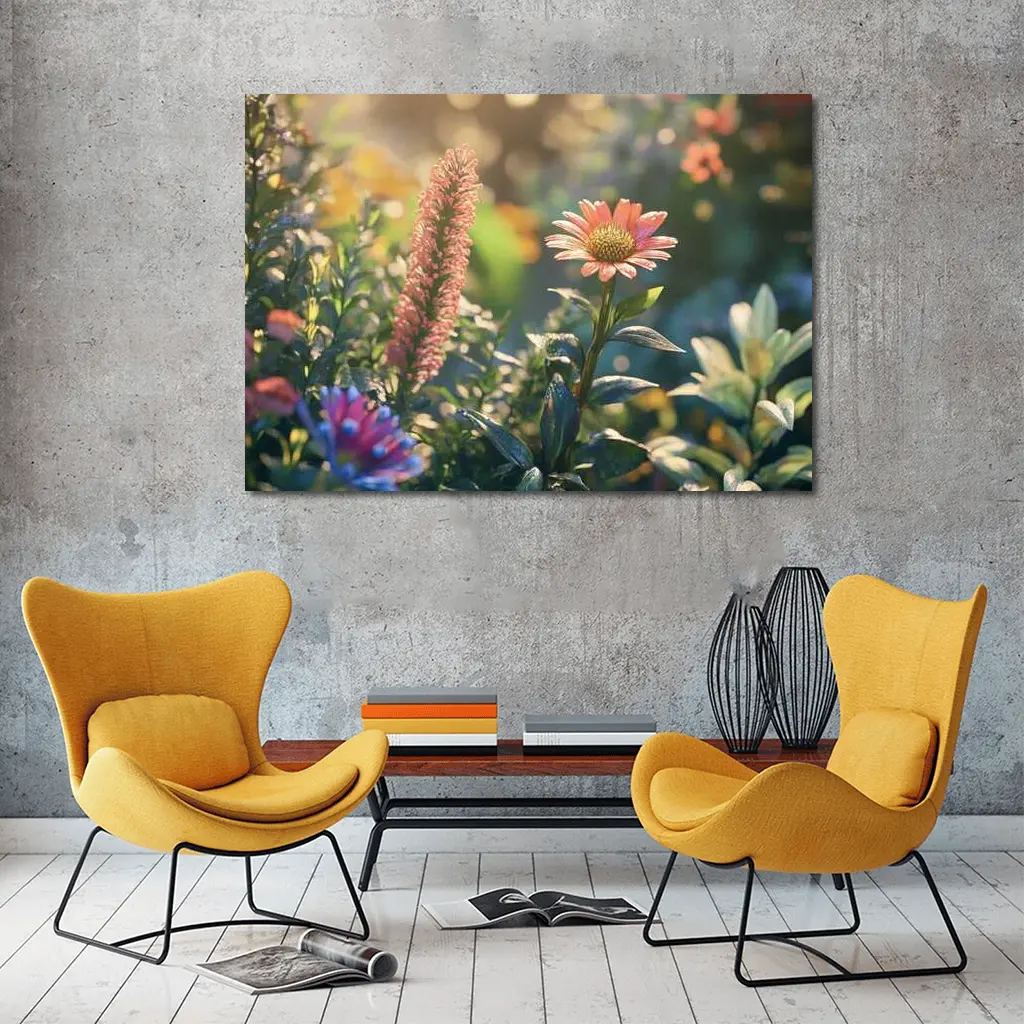 Pink Gerbera Daisy Garden Sunlit Scene – Wall Art