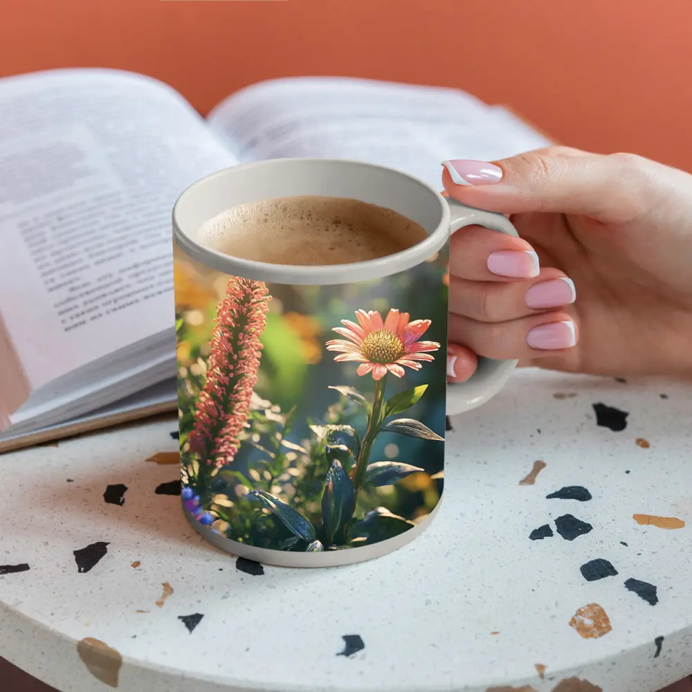 Pink Gerbera Daisy Garden Sunlit Scene – Mugs