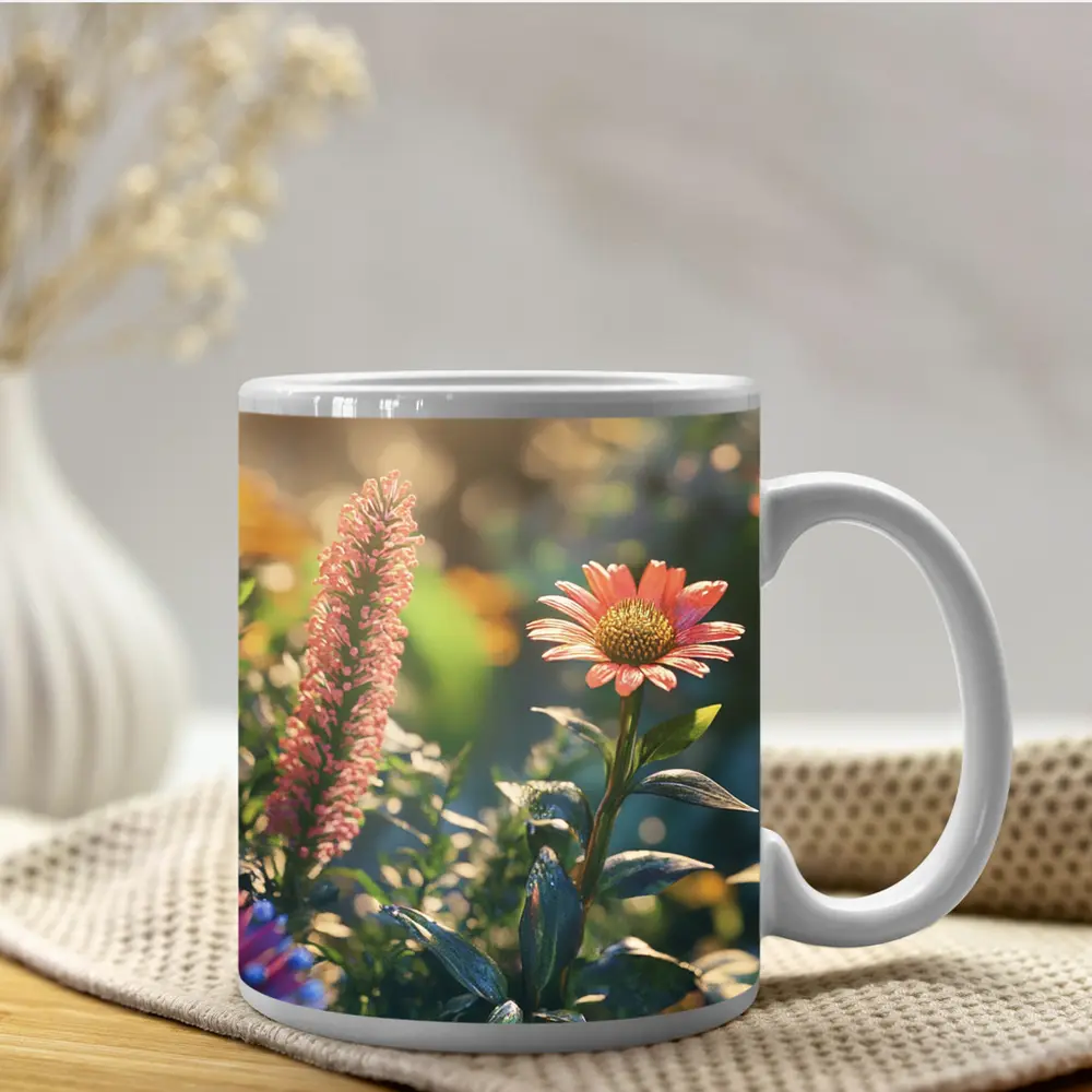 Pink Gerbera Daisy Garden Sunlit Scene – Mugs