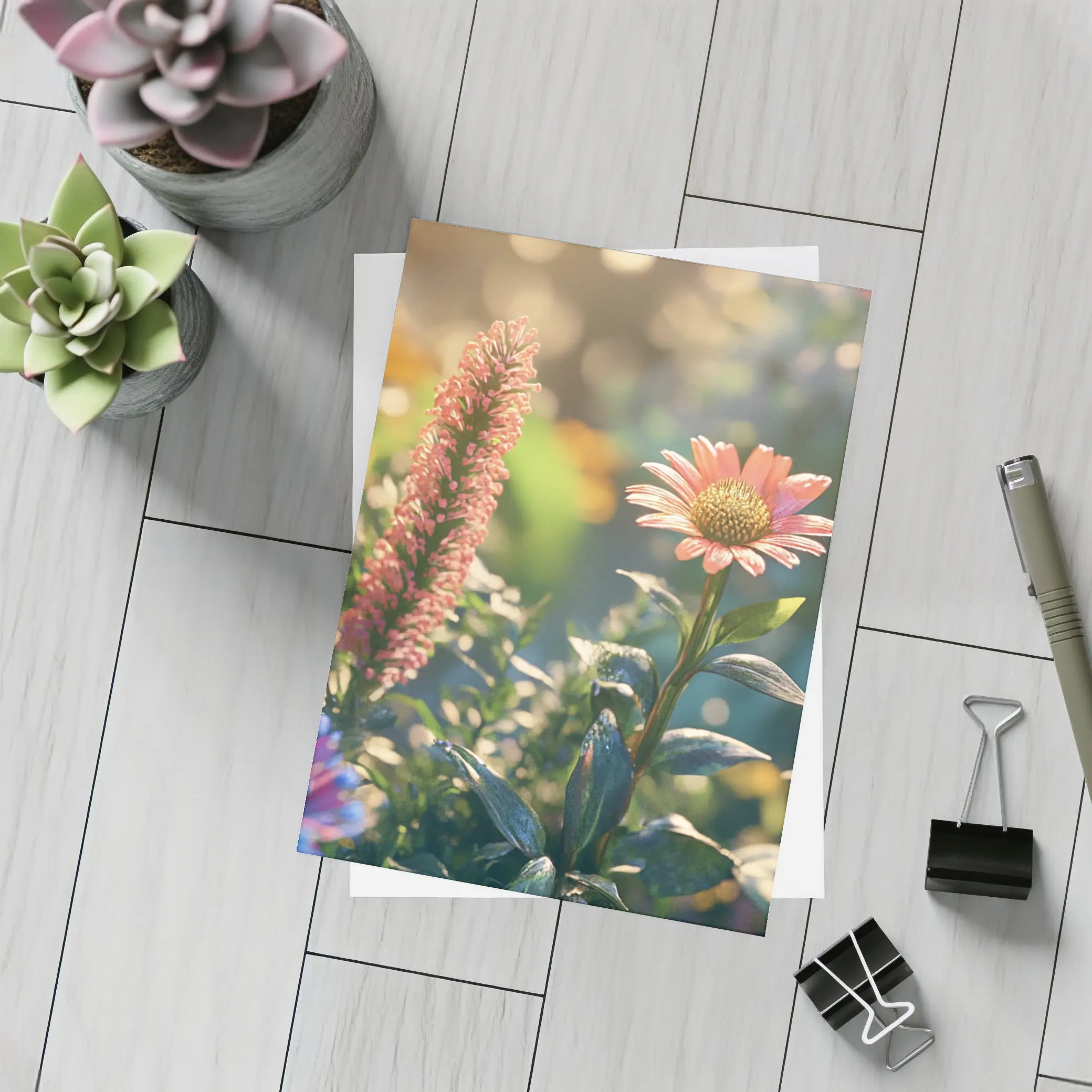 Pink Gerbera Daisy Garden Sunlit Scene – Postcards