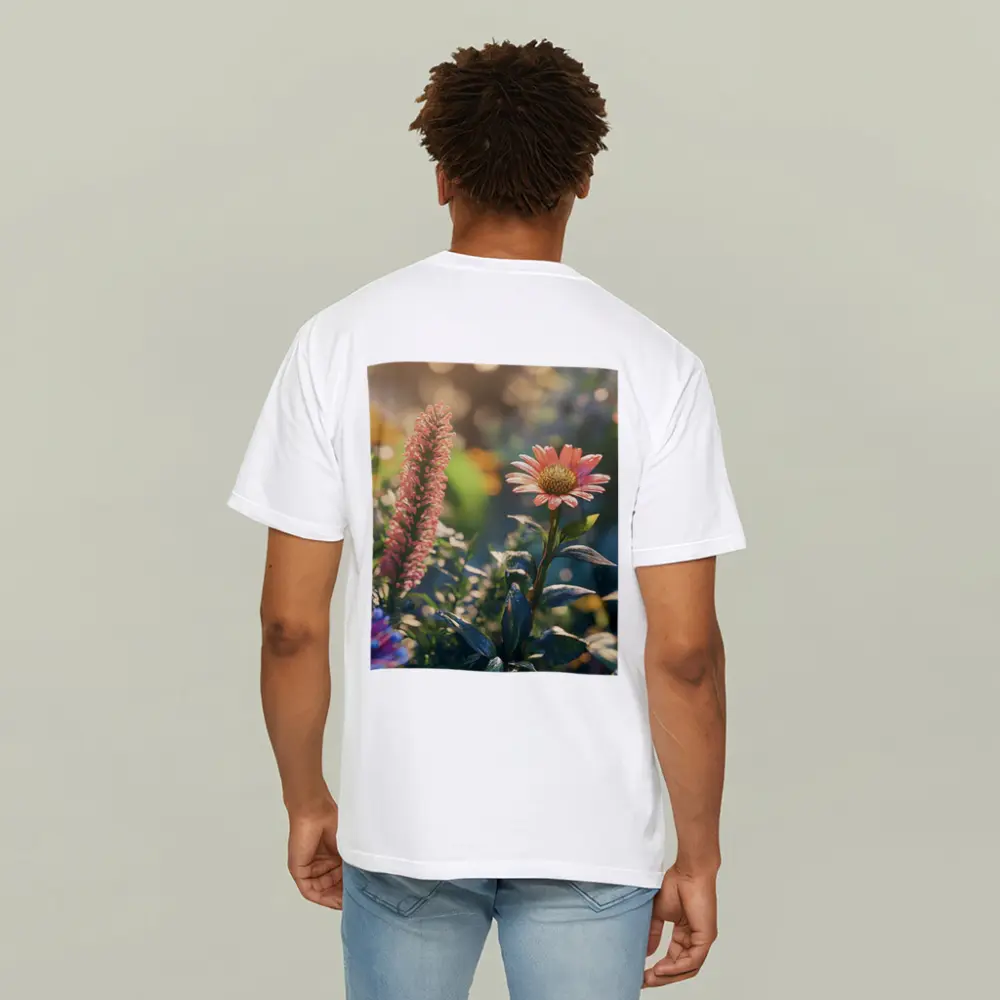 Pink Gerbera Daisy Garden Sunlit Scene – T-Shirts