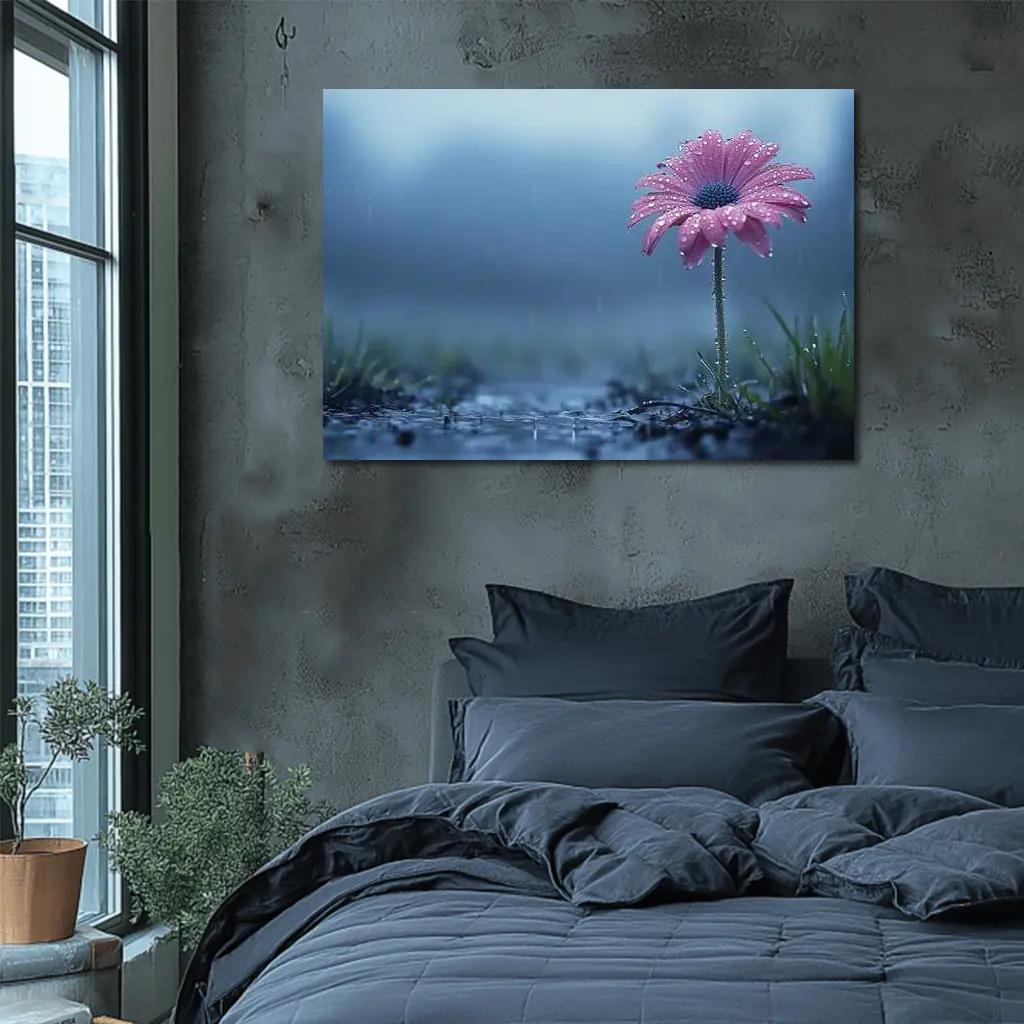 Pink Gerbera Daisy Flower Rain Blue Background – Wall Art
