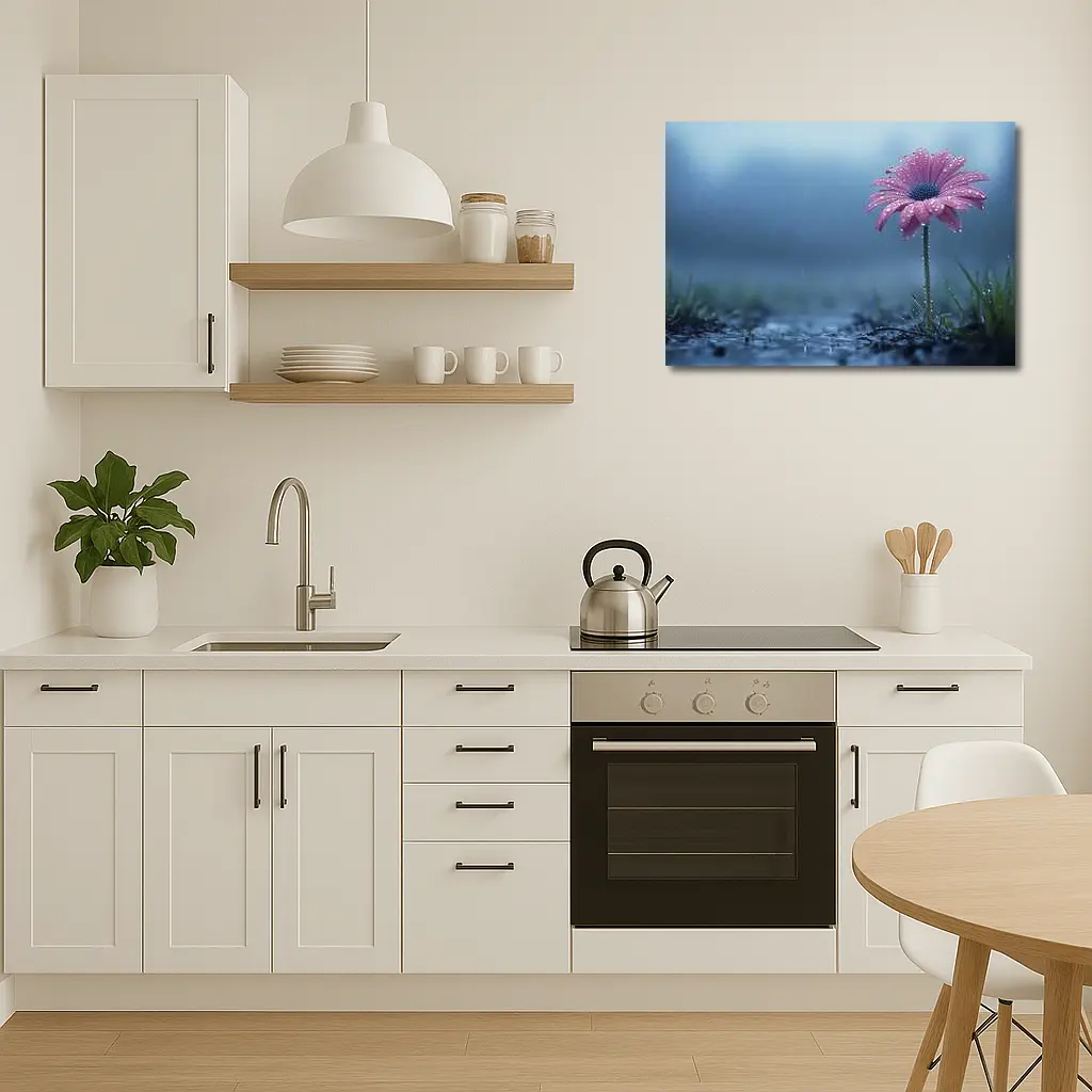 Pink Gerbera Daisy Flower Rain Blue Background – Wall Art