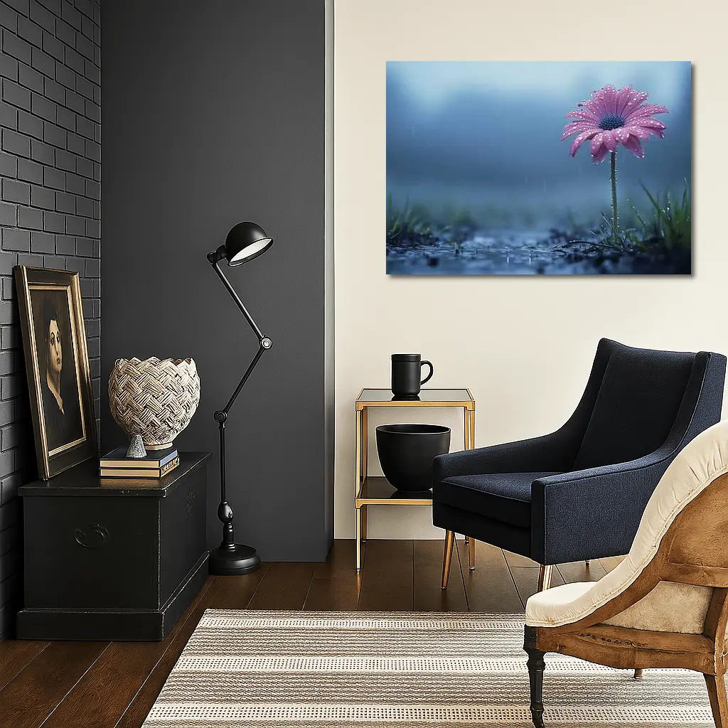 Pink Gerbera Daisy Flower Rain Blue Background – Wall Art