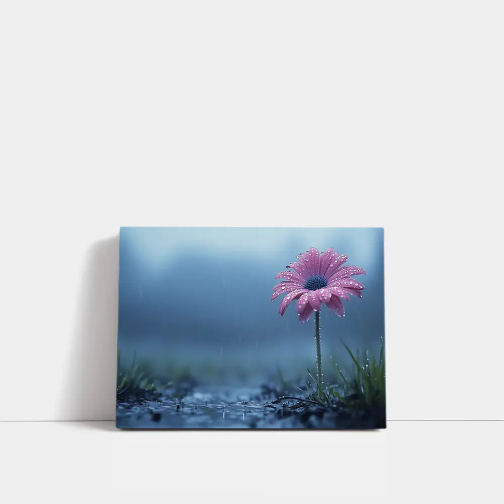 Pink Gerbera Daisy Flower Rain Blue Background – Wall Art