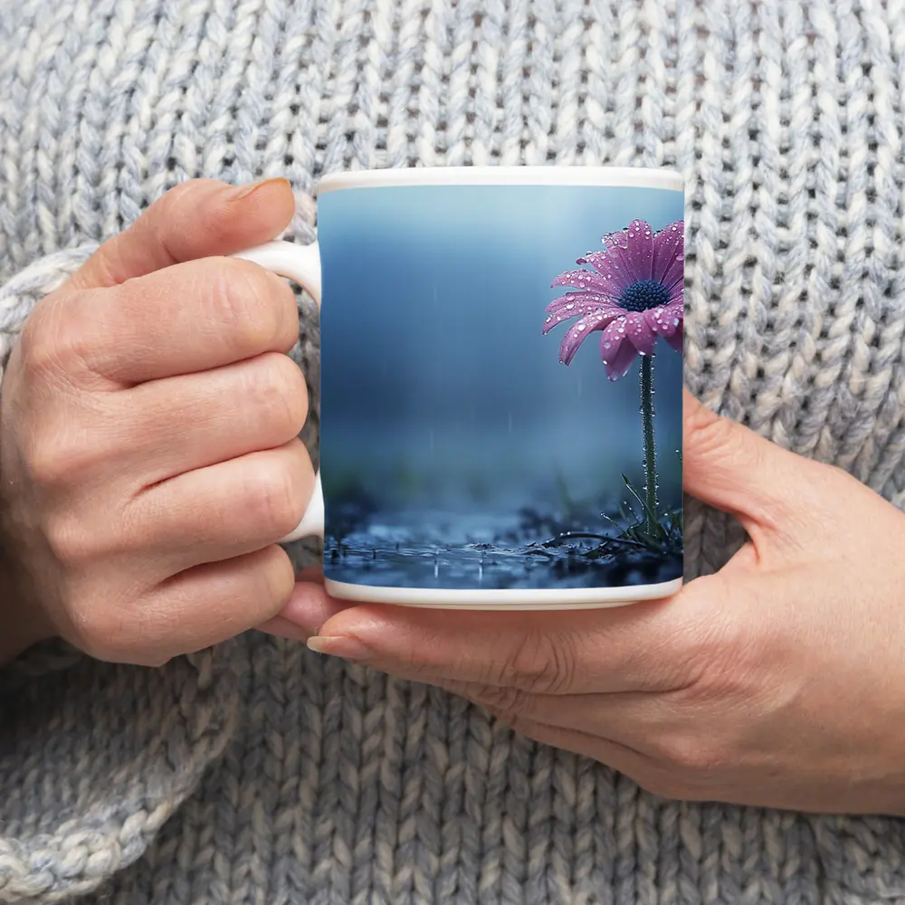 Pink Gerbera Daisy Flower Rain Blue Background – Mugs