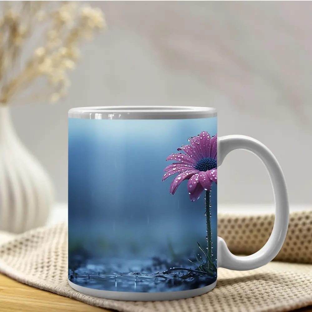 Pink Gerbera Daisy Flower Rain Blue Background – Mugs