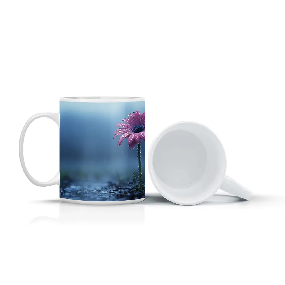 Pink Gerbera Daisy Flower Rain Blue Background – Mugs
