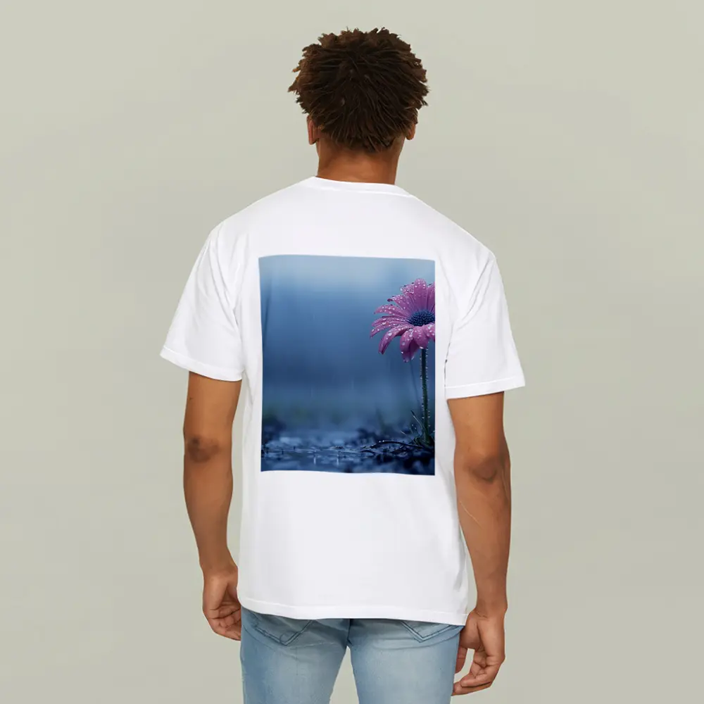 Pink Gerbera Daisy Flower Rain Blue Background – T-Shirts