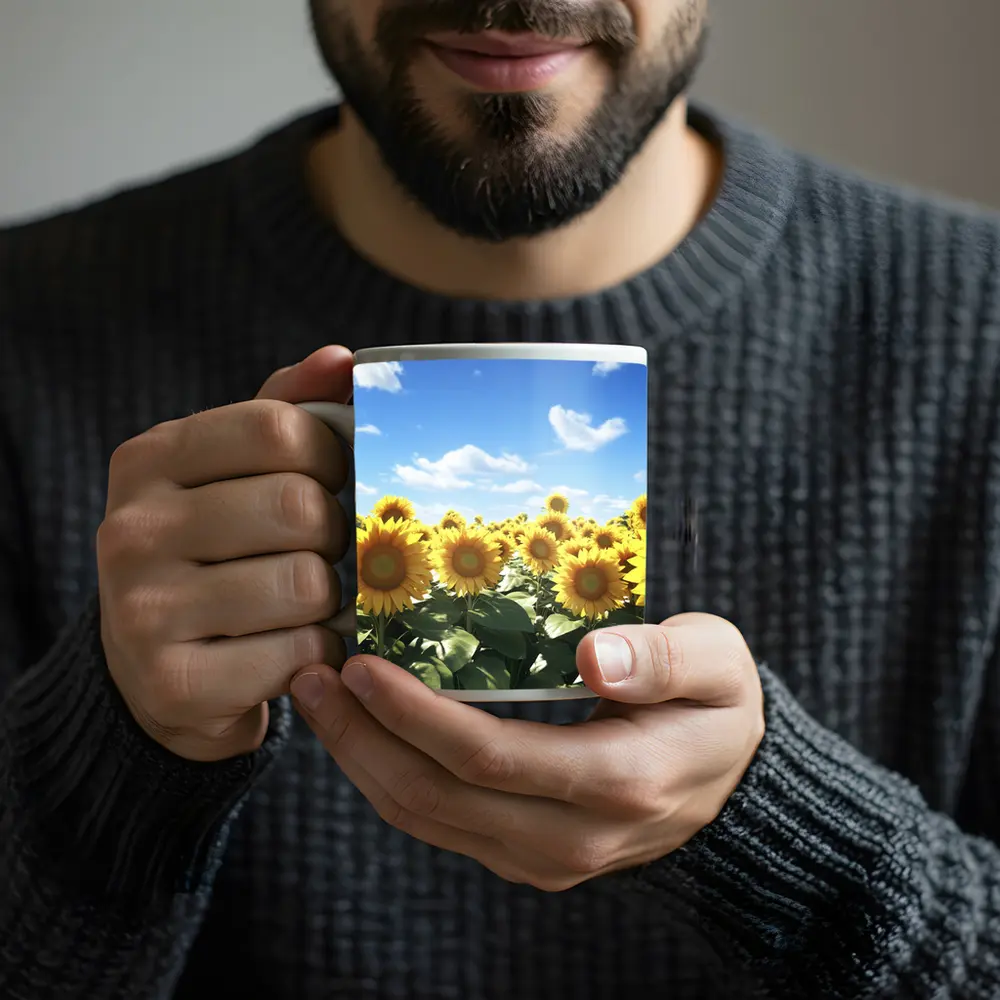 Sunflower Field Under Bright Blue Sky – Mugs
