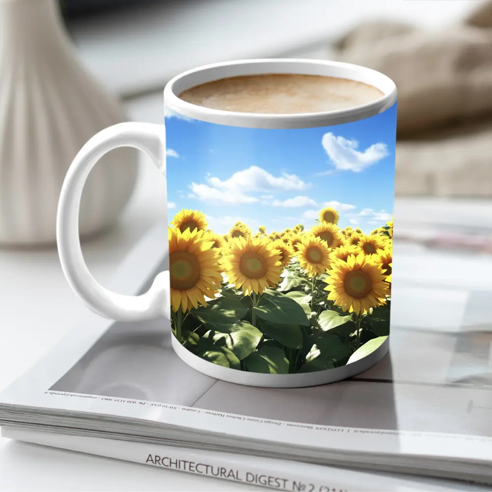 Sunflower Field Under Bright Blue Sky – Mugs
