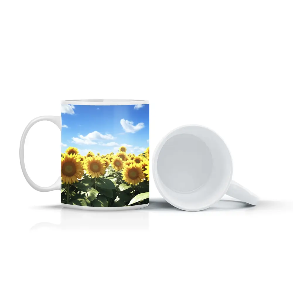 Sunflower Field Under Bright Blue Sky – Mugs