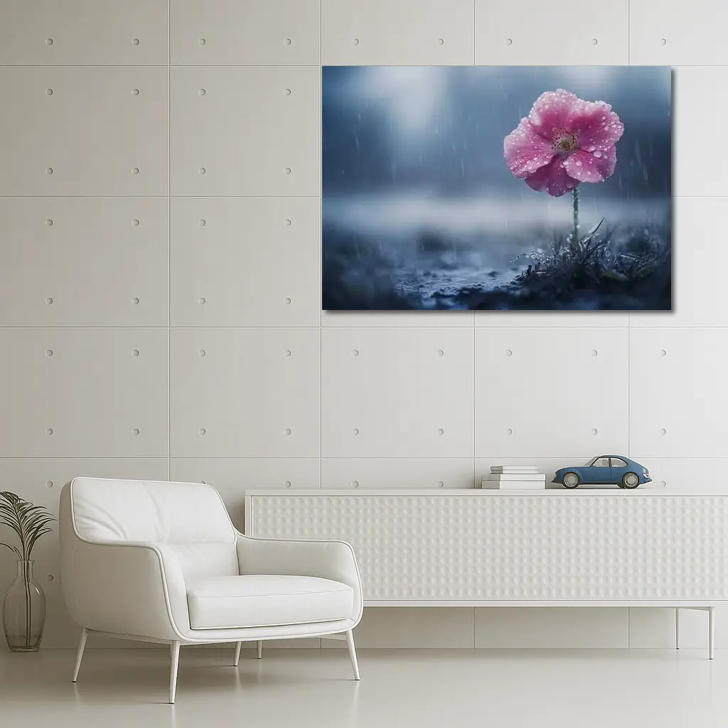 Pink Flower In Rain Blue Moody Background – Wall Art