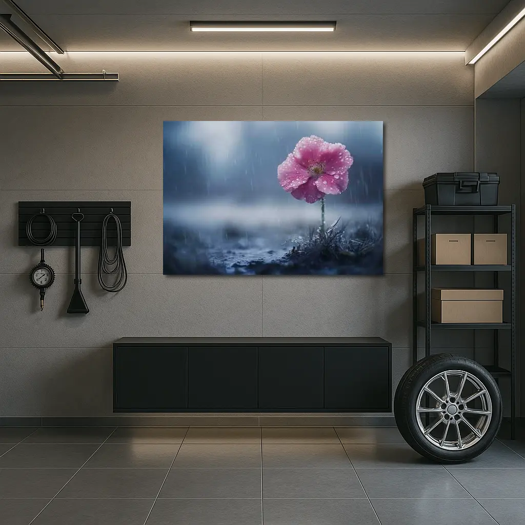 Pink Flower In Rain Blue Moody Background – Wall Art