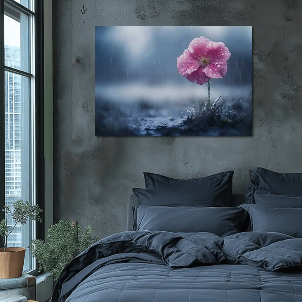 Pink Flower In Rain Blue Moody Background – Wall Art