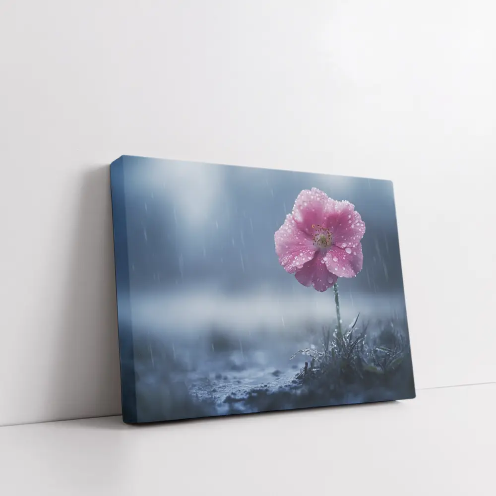 Pink Flower In Rain Blue Moody Background – Wall Art