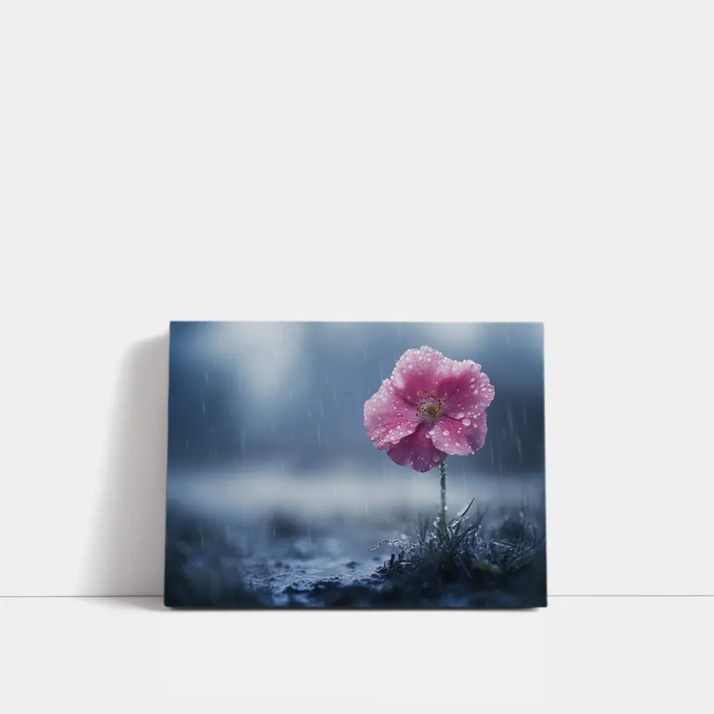 Pink Flower In Rain Blue Moody Background – Wall Art