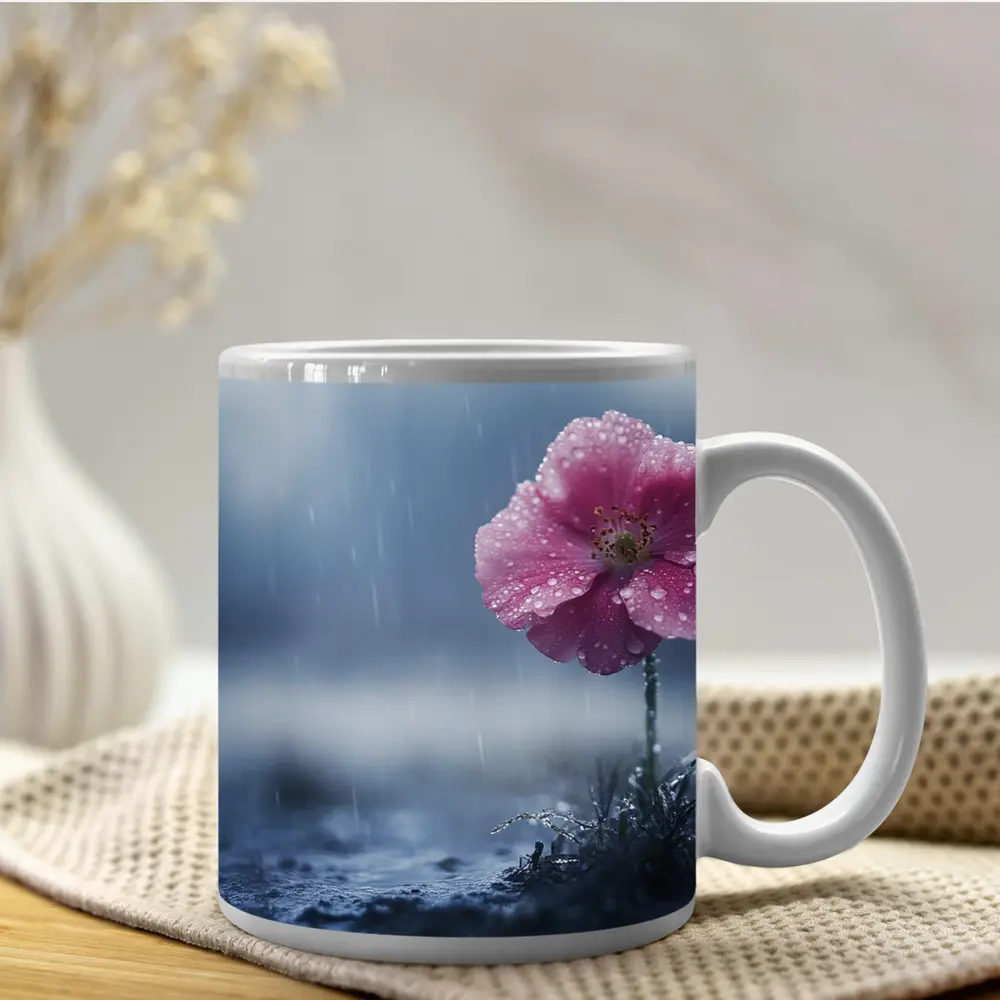 Pink Flower In Rain Blue Moody Background – Mugs