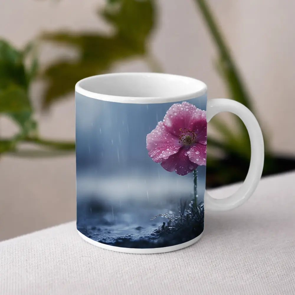 Pink Flower In Rain Blue Moody Background – Mugs