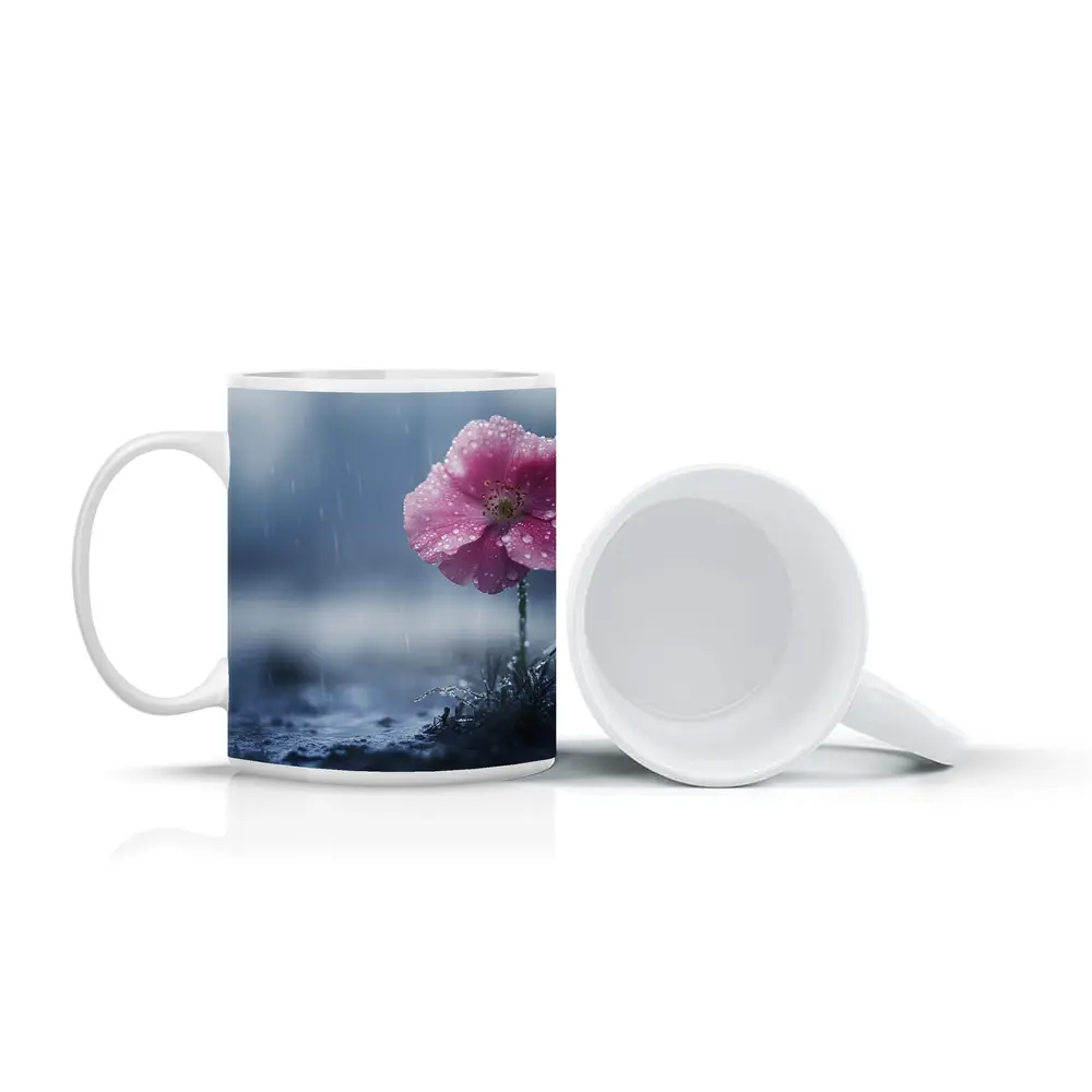 Pink Flower In Rain Blue Moody Background – Mugs