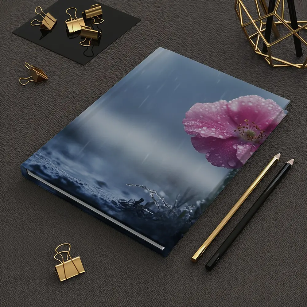 Pink Flower In Rain Blue Moody Background – Notebooks