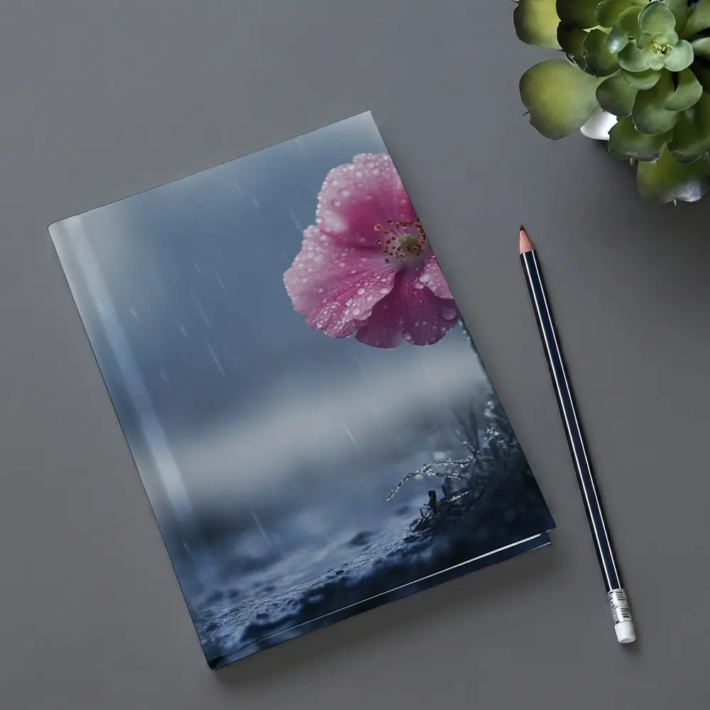 Pink Flower In Rain Blue Moody Background – Notebooks