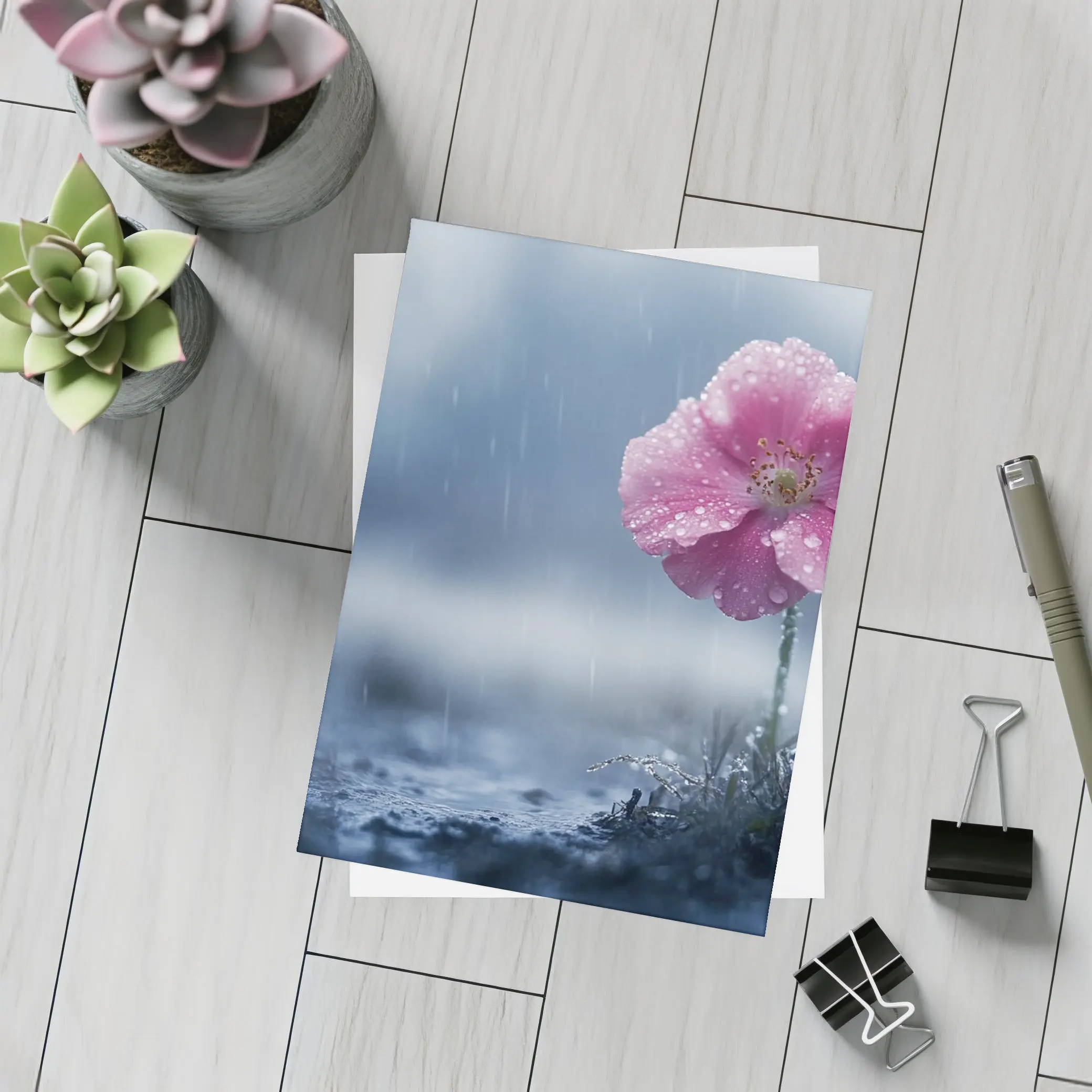 Pink Flower In Rain Blue Moody Background – Postcards