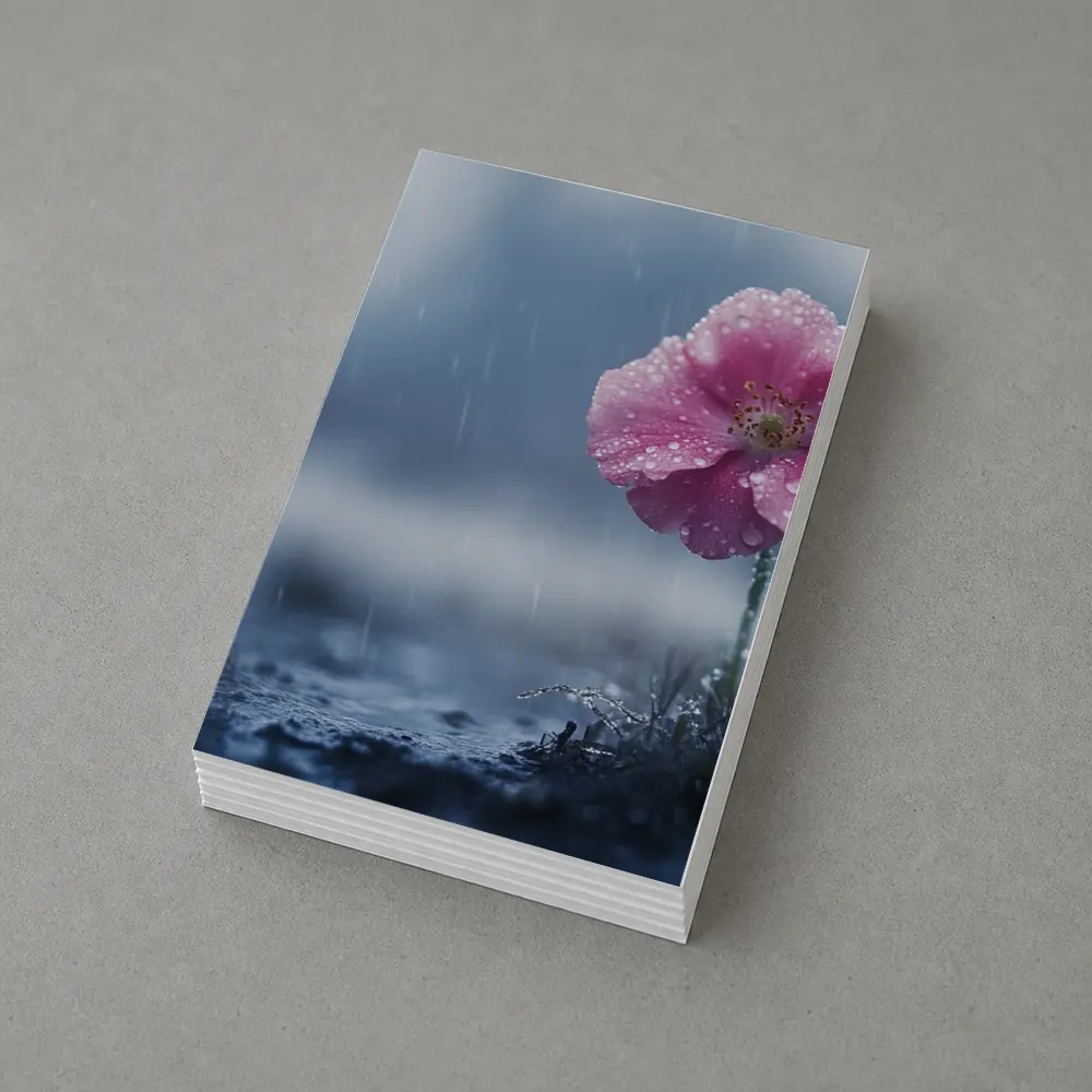 Pink Flower In Rain Blue Moody Background – Postcards