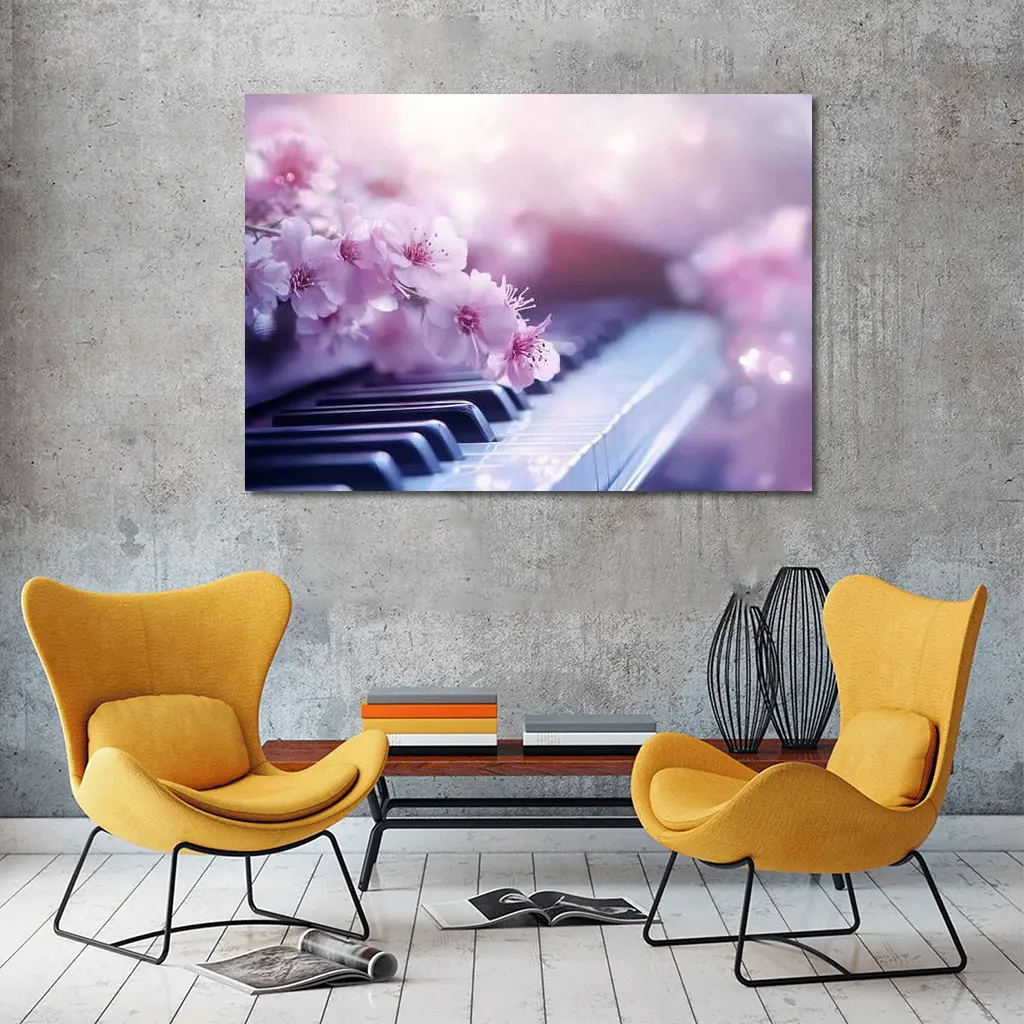 Cherry Blossoms Resting On Piano Keys – Wall Art