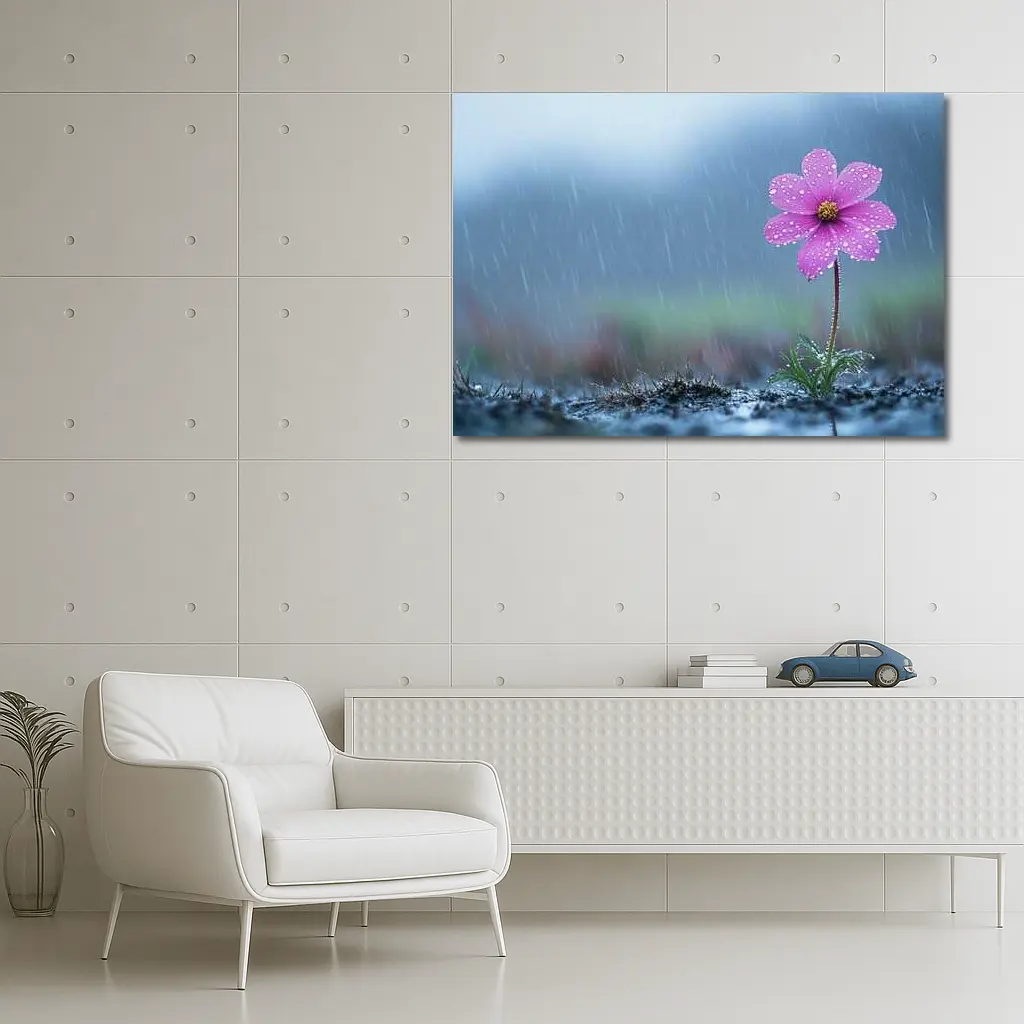 Pink Cosmos Flower Standing in Heavy Rain – Wall Art