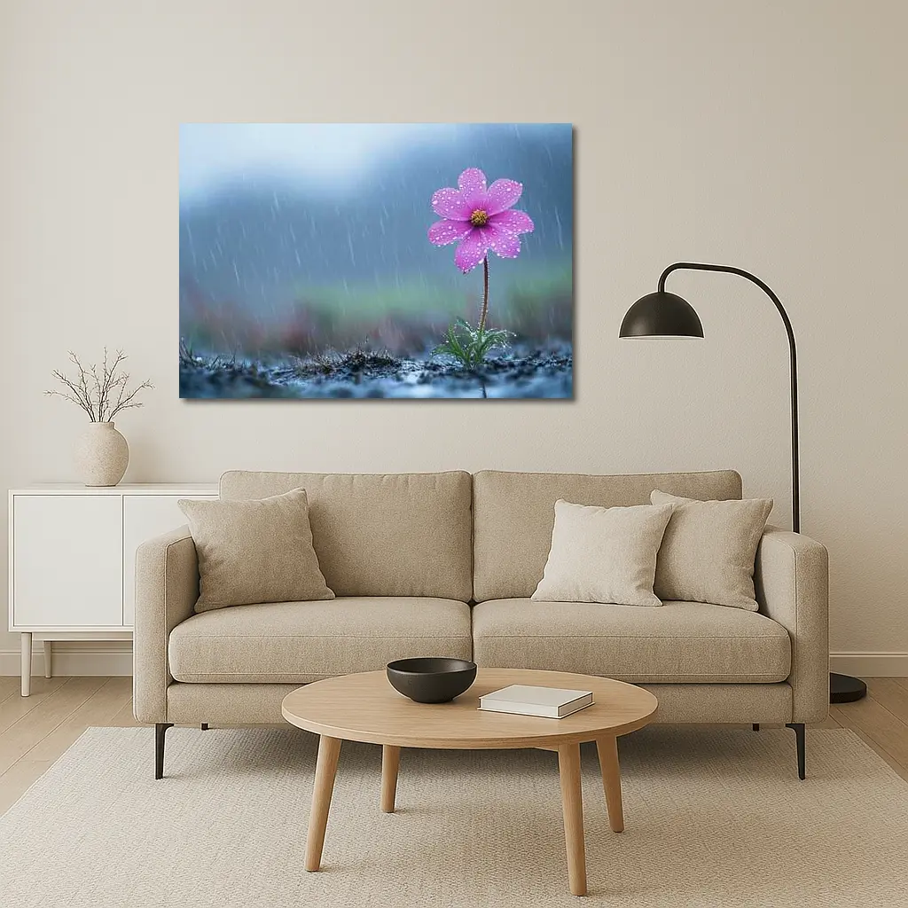 Pink Cosmos Flower Standing in Heavy Rain – Wall Art