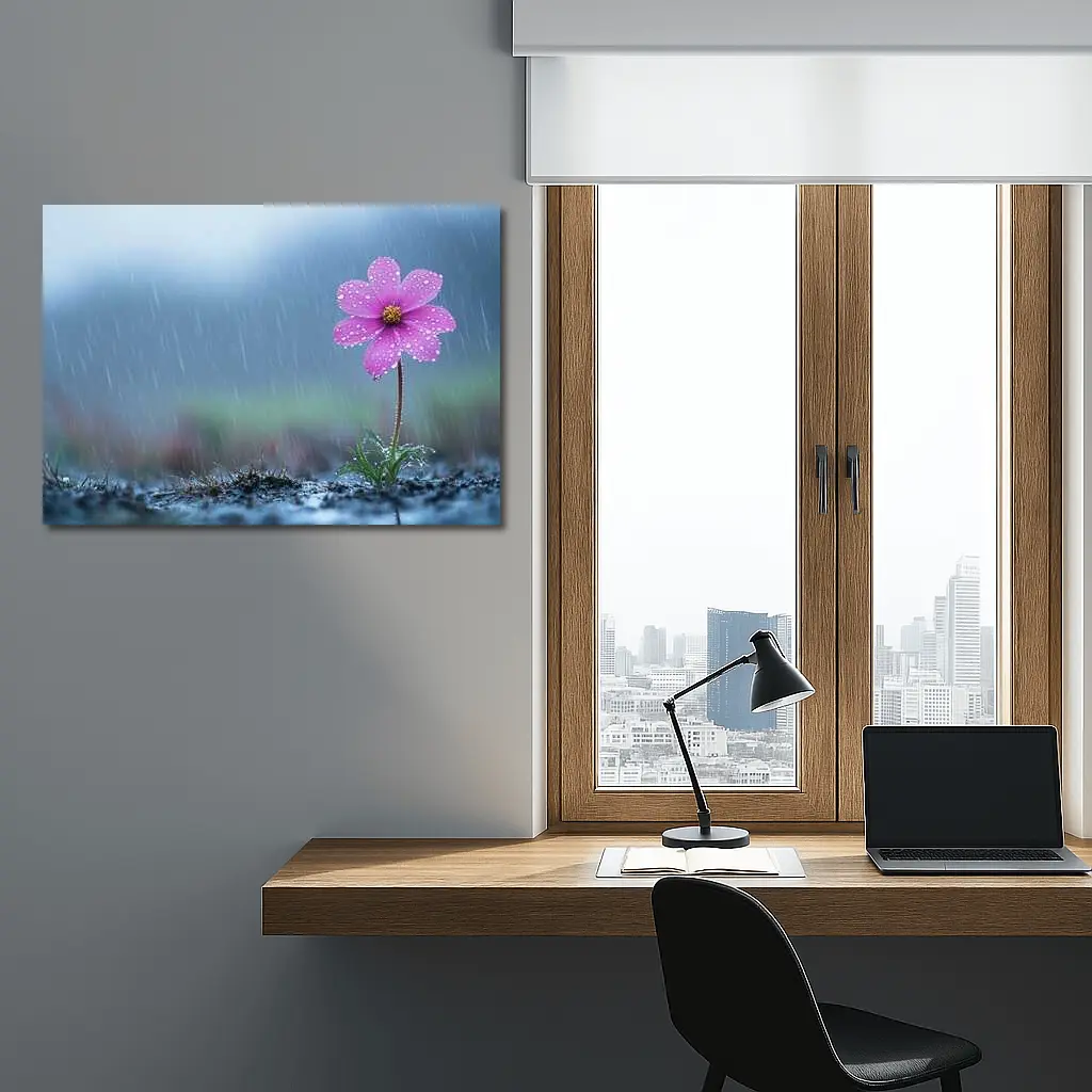 Pink Cosmos Flower Standing in Heavy Rain – Wall Art
