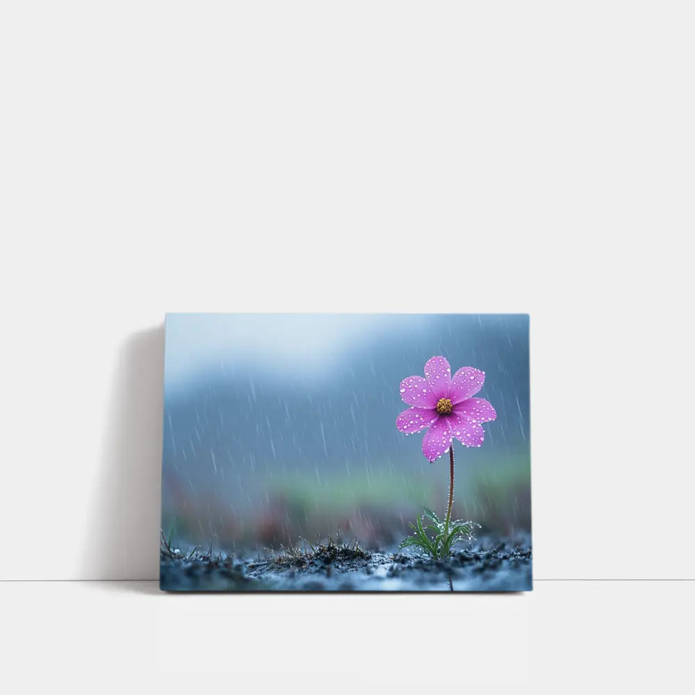 Pink Cosmos Flower Standing in Heavy Rain – Wall Art