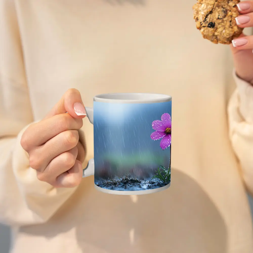 Pink Cosmos Flower Standing in Heavy Rain – Mugs