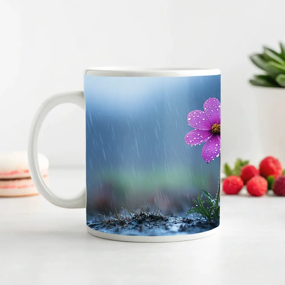 Pink Cosmos Flower Standing in Heavy Rain – Mugs