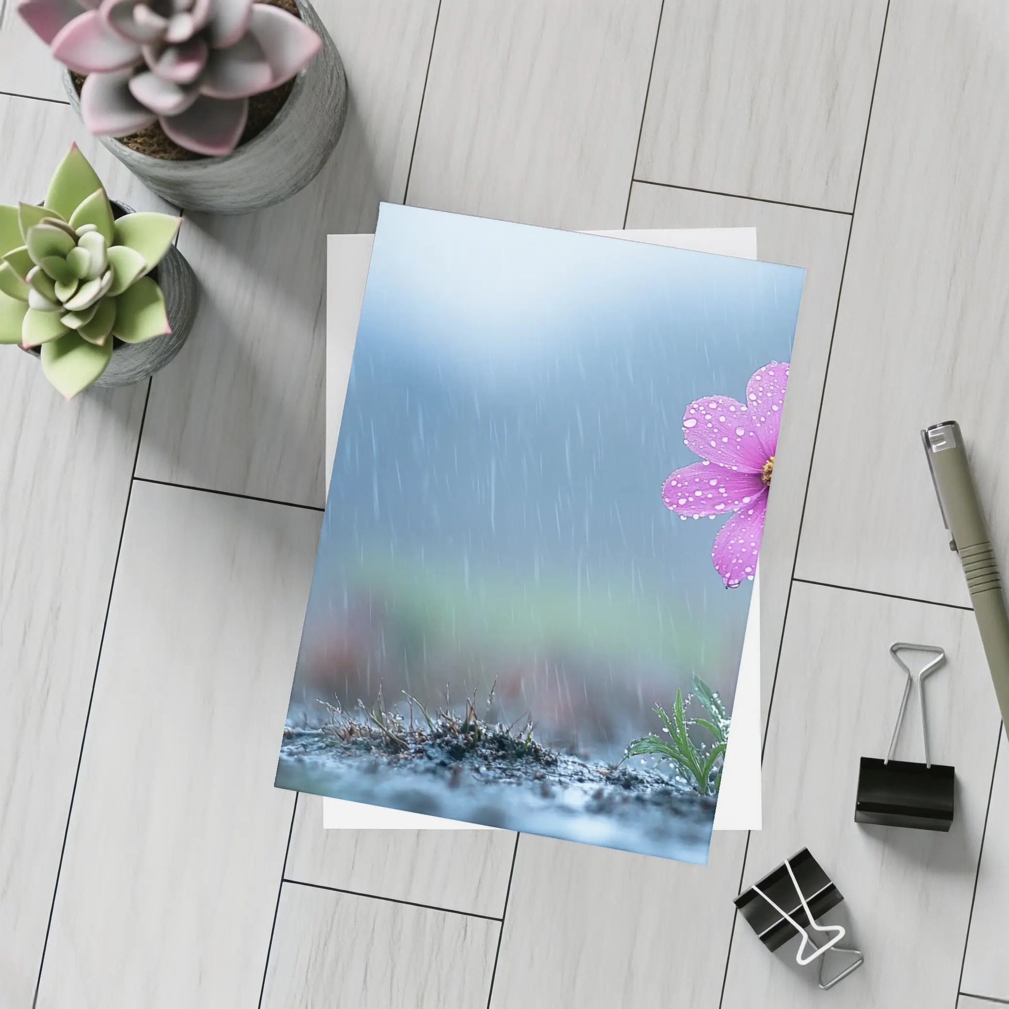 Pink Cosmos Flower Standing in Heavy Rain – Postcards