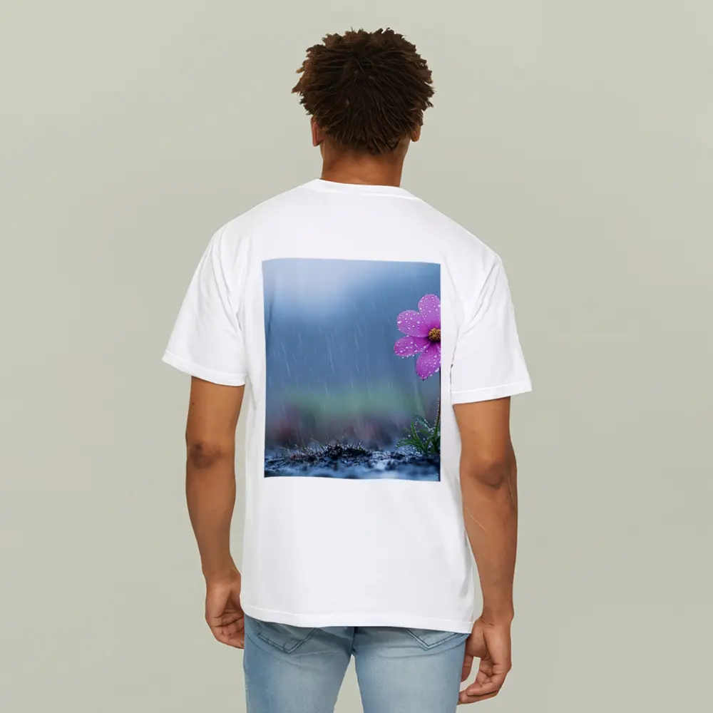 Pink Cosmos Flower Standing in Heavy Rain – T-Shirts