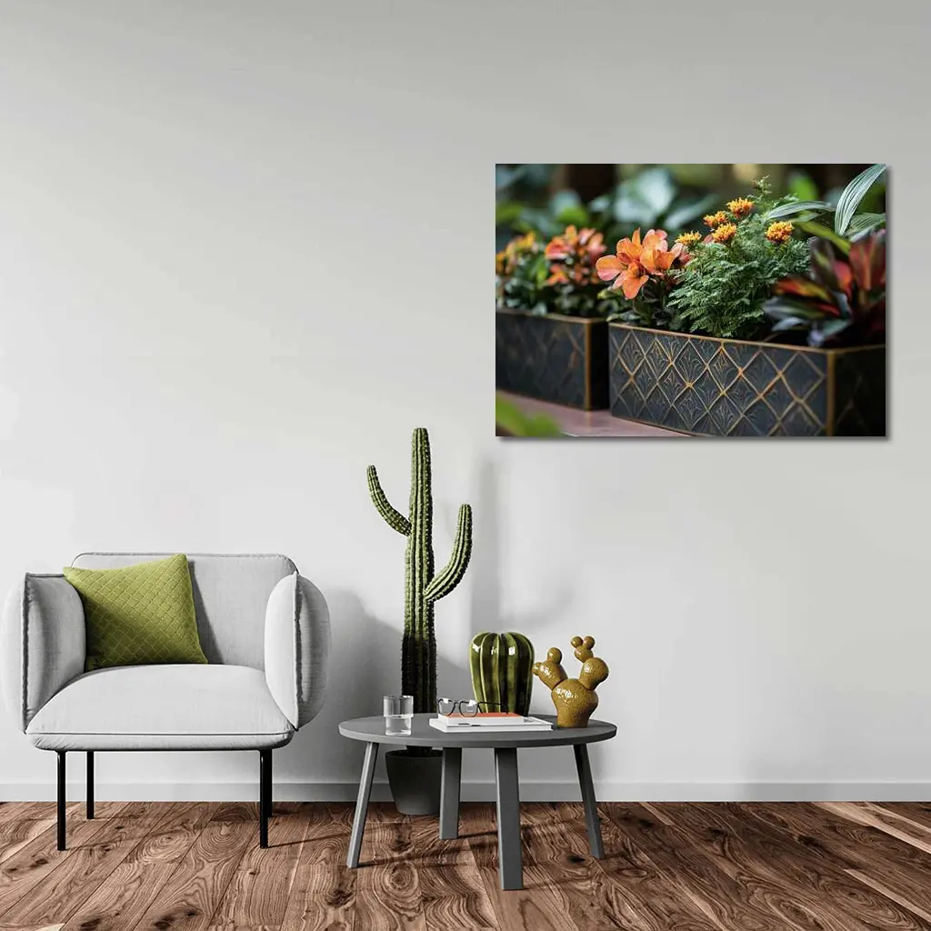 Dark Gold Geometric Planters With Orange Flowers – Wall Art