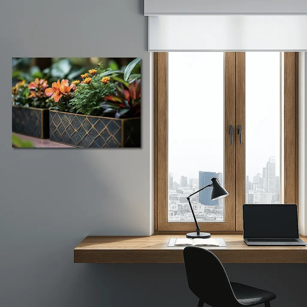 Dark Gold Geometric Planters With Orange Flowers – Wall Art