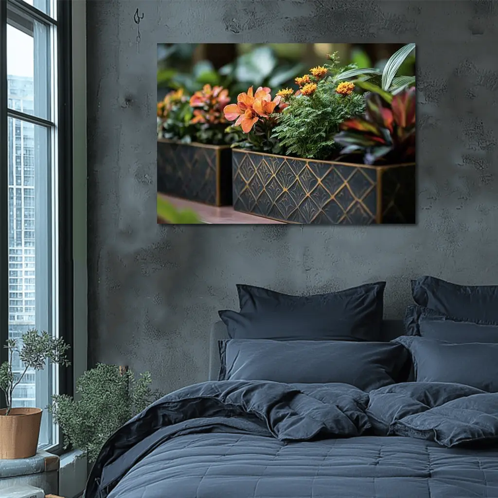 Dark Gold Geometric Planters With Orange Flowers – Wall Art