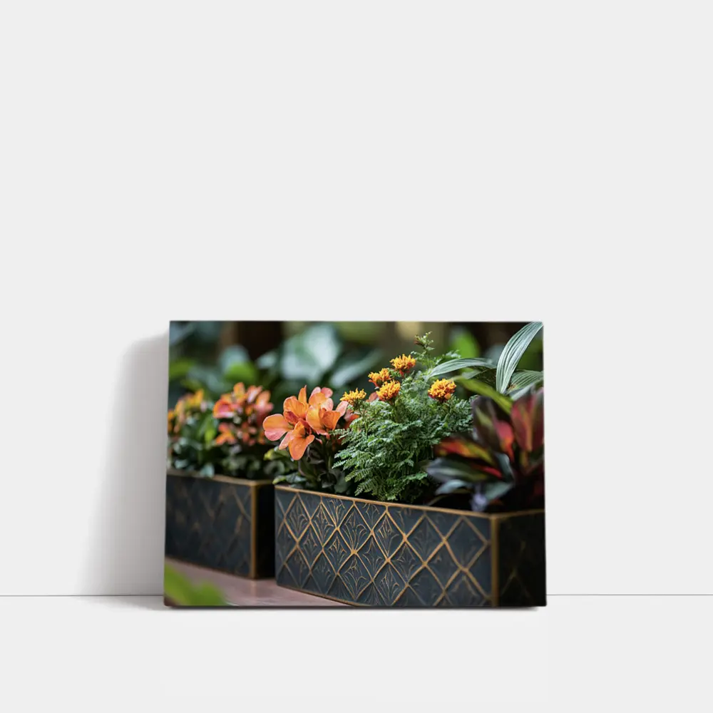 Dark Gold Geometric Planters With Orange Flowers – Wall Art