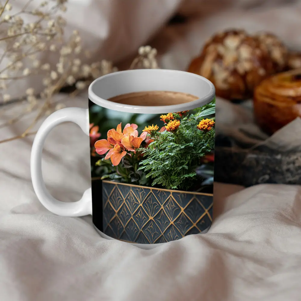 Dark Gold Geometric Planters With Orange Flowers – Mugs