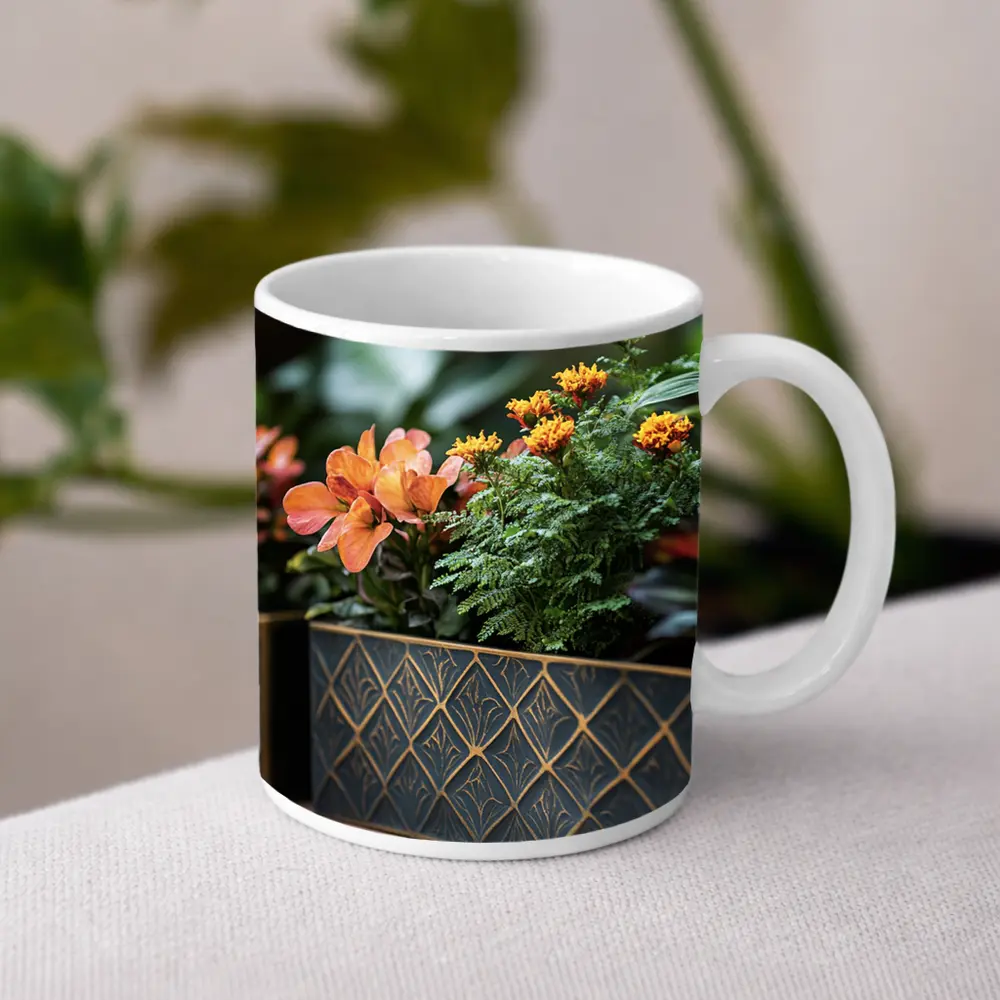 Dark Gold Geometric Planters With Orange Flowers – Mugs