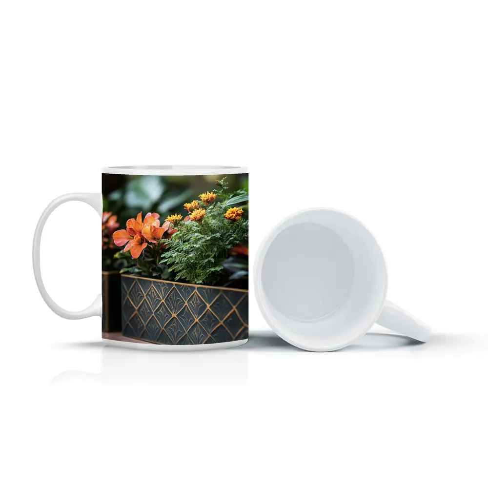 Dark Gold Geometric Planters With Orange Flowers – Mugs