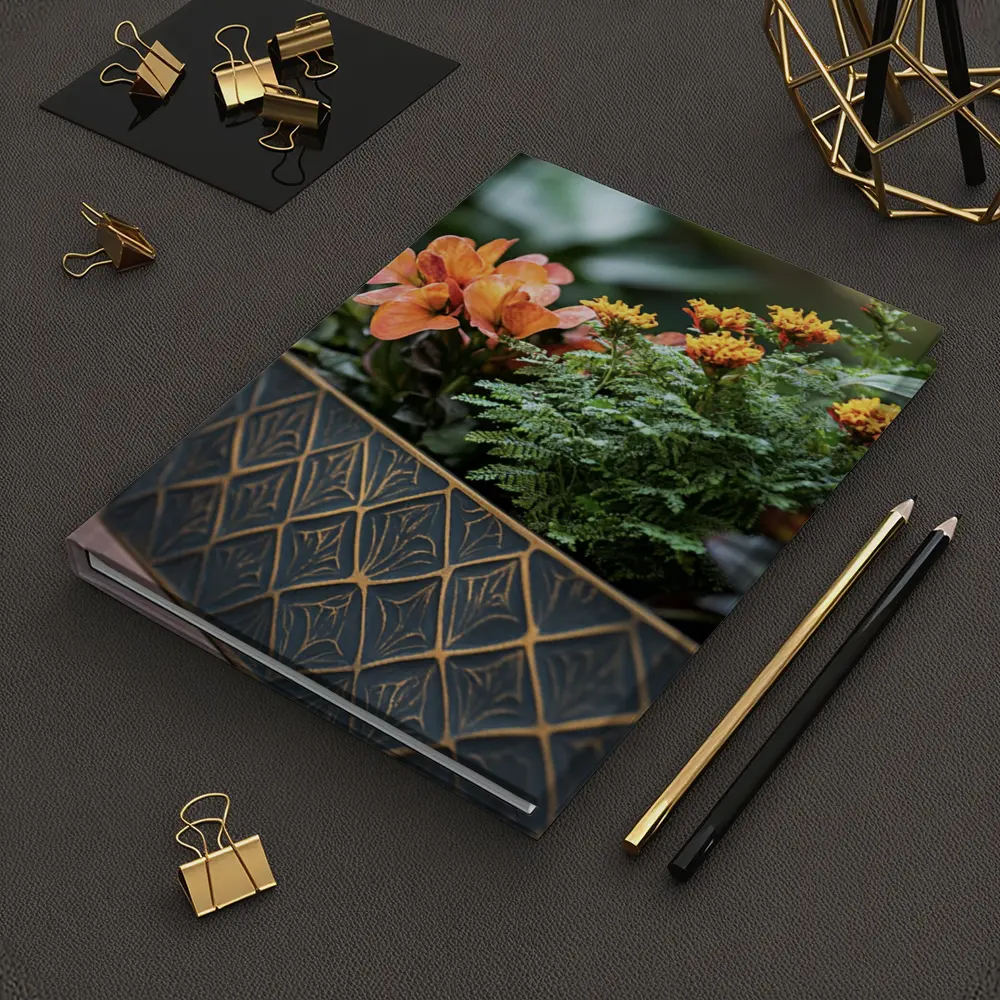 Dark Gold Geometric Planters With Orange Flowers – Notebooks