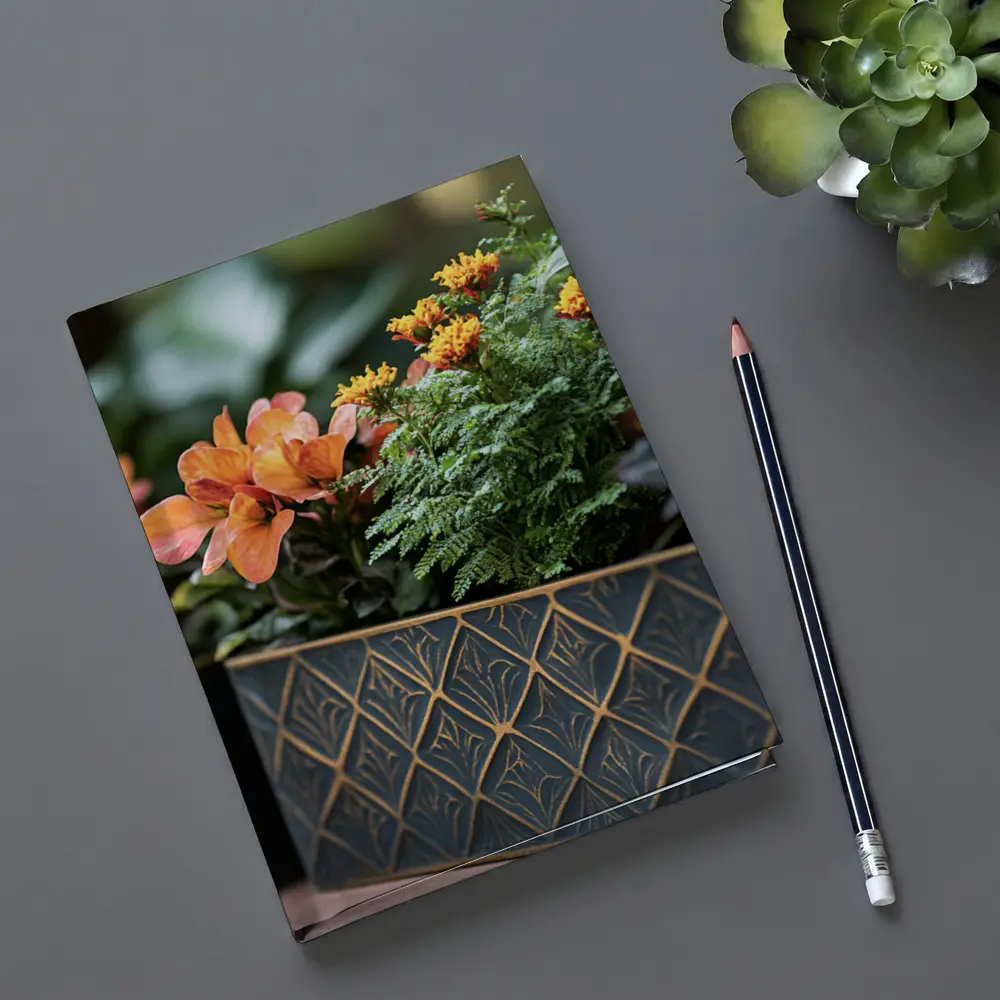 Dark Gold Geometric Planters With Orange Flowers – Notebooks