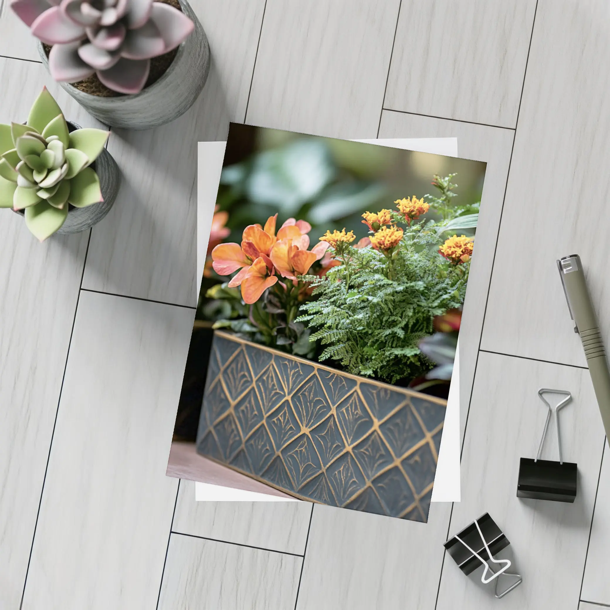 Dark Gold Geometric Planters With Orange Flowers – Postcards
