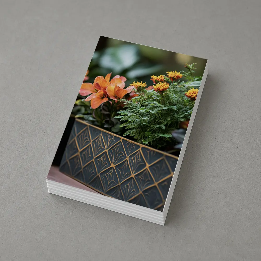 Dark Gold Geometric Planters With Orange Flowers – Postcards