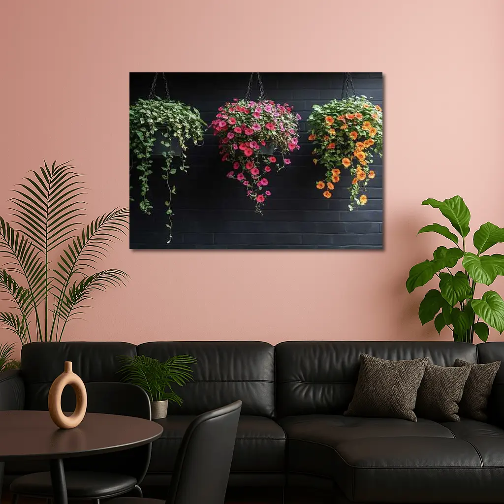 Hanging Petunia Baskets Against Dark Brick Wall – Wall Art