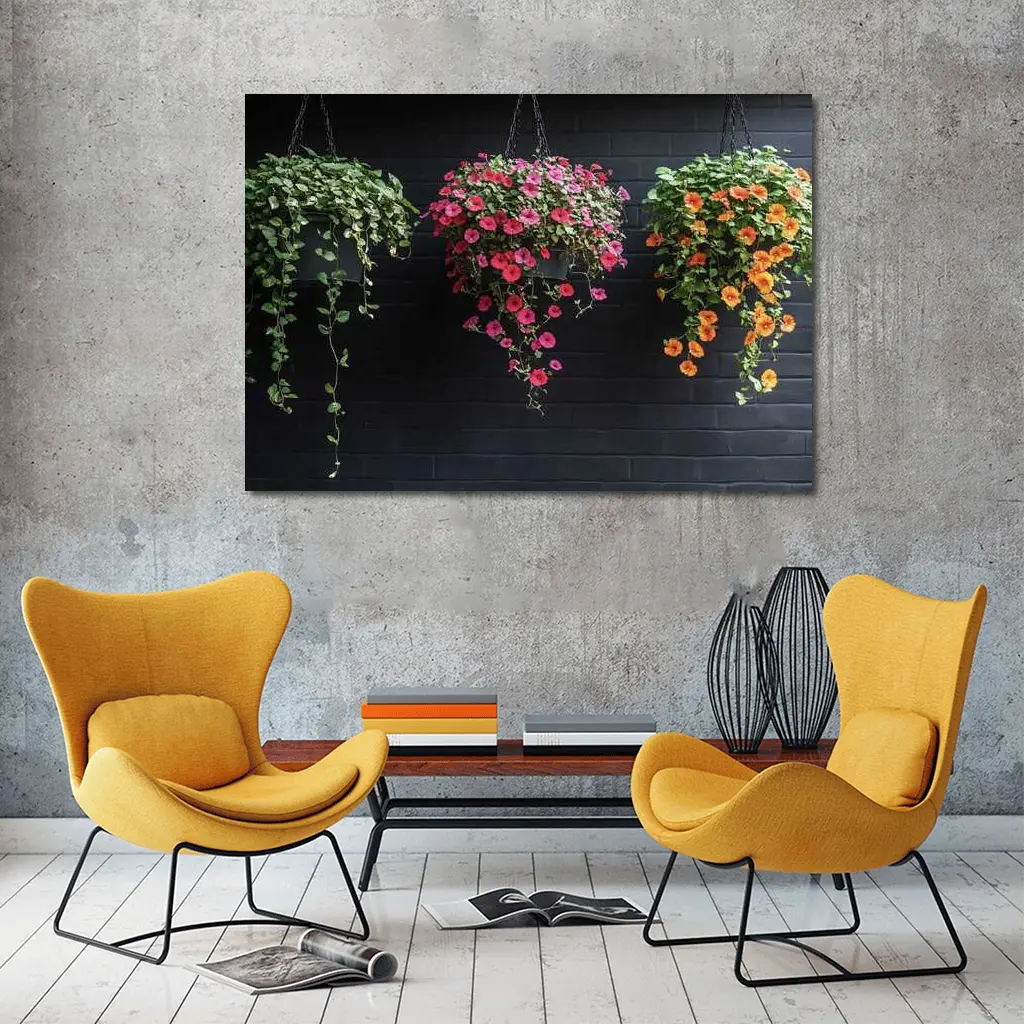 Hanging Petunia Baskets Against Dark Brick Wall – Wall Art